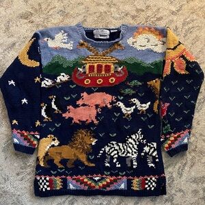 Vintage Northern Isles Handknit Noah’s Ark Sweater Medium Ramie